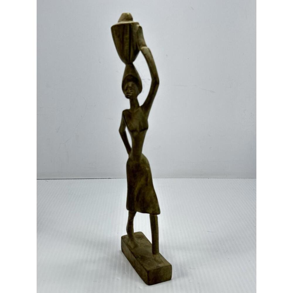 Vintage Hand Carved Lady Carrying Water Jug Figure Made in Haiti Or Africa